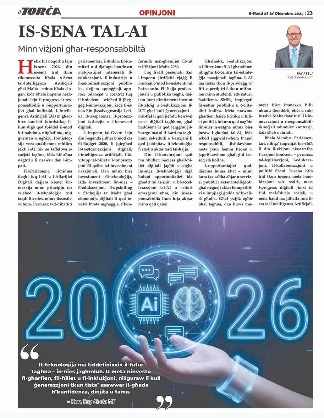 Ray Abela — article excerpt, it-Torċa, December 28, 2025